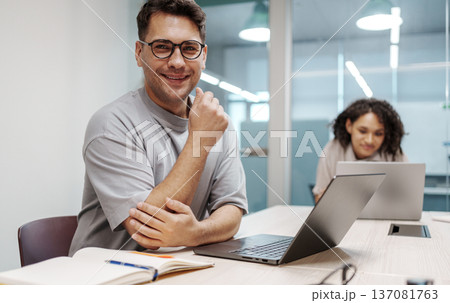 Professional Interview Taking Place In Office. Person Conducting Digital Interview As Woman Notes Details 137081763