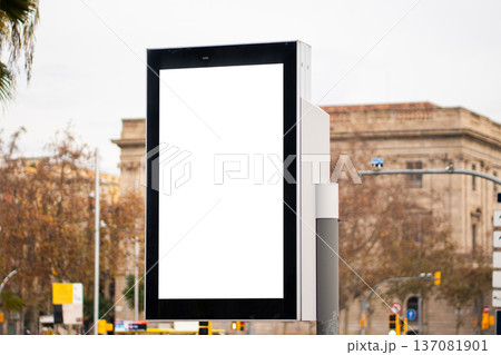 Blank outdoor advertising digital kiosk display screen mockup on a city street 137081901
