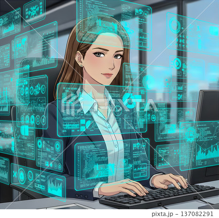 DX化されたオフィスで働く女性のイラスト 137082291