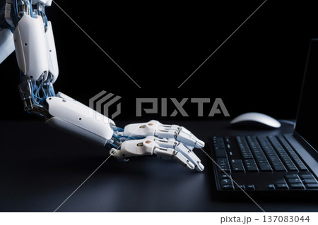 robot hand and office computer. generative ai 137083044