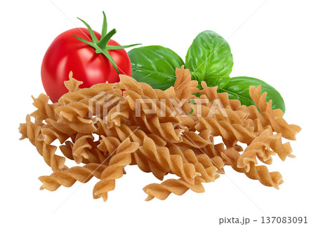 Wolegrain fusilli pasta from durum wheat isolated on white background with  full depth of field. 137083091