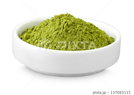 Green matcha powder in ceramic bowl isolated on white background. Top view Green matcha powder in ceramic bowl isolated on white background. Top view 137083115