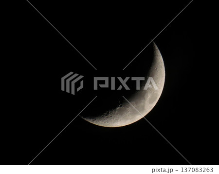 Beautiful Crescent Moon on dark Night sky. Half moon in growing phase Beautiful Crescent Moon on dark Night sky. Half moon in growing phase 137083263