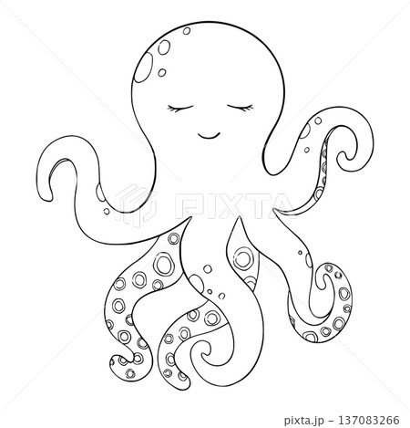 Vector Cute Baby Octopus, sea poulpe, devilfish with tentacles. . Cetaceans fish, Underwater animal outline painted in black and white. Coloring of Aquatic animal. Hand drawn illustration for kids 137083266