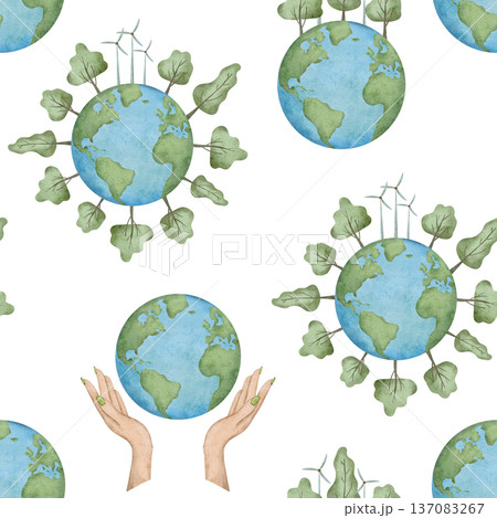 Seamless pattern of International Mother Earth Day. Ecology design with planet, windmills and trees. Watercolor hand drawn illustration for fabric, textile, wallpaper, packaging. Recycling, upcycling Seamless pattern of International Mother Earth Day. Ecology design with planet, windmills and trees. Watercolor hand drawn illustration for fabric, textile, wallpaper, packaging. Recycling, upcycling 137083267