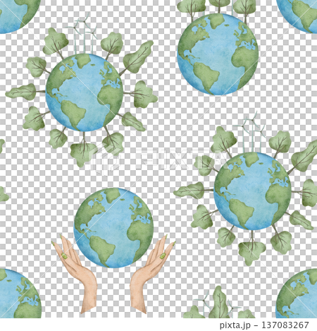 Seamless pattern of International Mother Earth Day. Ecology design with planet, windmills and trees. Watercolor hand drawn illustration for fabric, textile, wallpaper, packaging. Recycling, upcycling Seamless pattern of International Mother Earth Day. Ecology design with planet, windmills and trees. Watercolor hand drawn illustration for fabric, textile, wallpaper, packaging. Recycling, upcycling 137083267