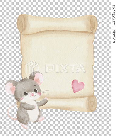 Cute gray mouse stands next to an open empty scroll with pink heart-shaped stamp. Watercolor illustration in childlike style, hand-drawn, white background. For Valentine's Day cards, invitations Cute gray mouse stands next to an open empty scroll with pink heart-shaped stamp. Watercolor illustration in childlike style, hand-drawn, white background. For Valentine's Day cards, invitations 137083343