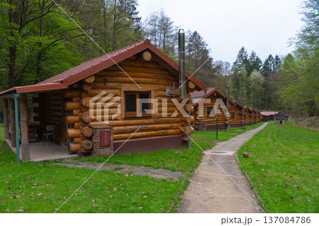 Row of small cozy wooden cabins with red roofs in forest retreat, paved path and fenced yards. Row of small cozy wooden cabins with red roofs in forest retreat, paved path and fenced yards. 137084786