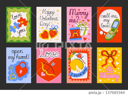 Set of romantic posters and postcards for Valentine's Day. Printable designs with cute love items for greeting cards, posters, invitations, social media, seasonal holiday. Decor for holidays, wedding. Set of romantic posters and postcards for Valentine's Day. Printable designs with cute love items for greeting cards, posters, invitations, social media, seasonal holiday. Decor for holidays, wedding. 137085564