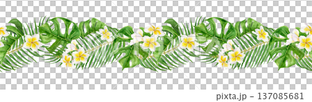 Seamless watercolor tropical border with plumeria flowers and lush green palm and monstera leaves. Horizontal botanical garland design for textile prints, summer decor, travel themes, resort branding 137085681