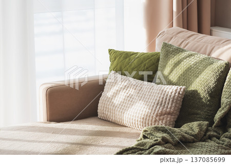 Textured Pillows and Blanket on Sofa. Cozy Spring Home Interior with Natural Light Textured Pillows and Blanket on Sofa. Cozy Spring Home Interior with Natural Light 137085699