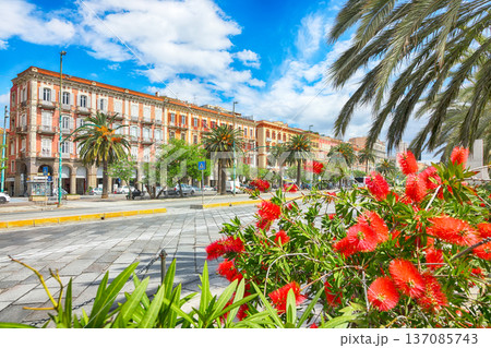 Remarkable view on Street with road and typical architecture of the old center of Cagliari. 137085743