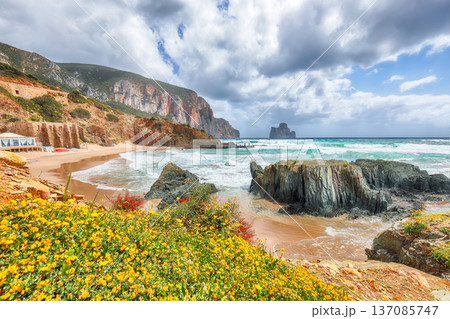 Remarkable view of beach Portu Cauli in Masua with Pan di Zucchero at background. 137085747