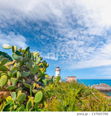 Remarkable sunny day over Capo Zafferano Lighthouse. Remarkable sunny day over Capo Zafferano Lighthouse. 137085766