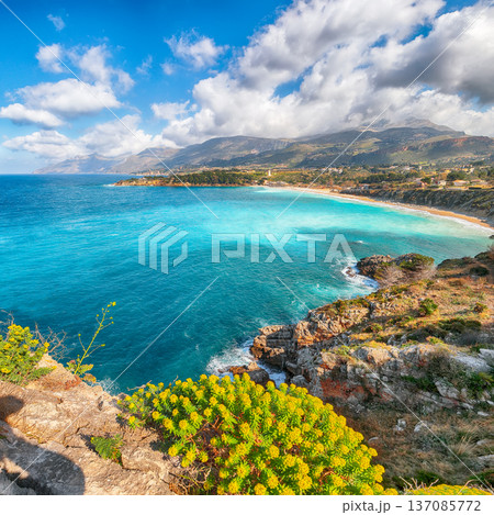 Remarkable seascape of Guidaloca Beach near Castellammare del Golfo. Remarkable seascape of Guidaloca Beach near Castellammare del Golfo. 137085772