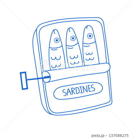Cute illustration of an open can of sardines made in blue line art. Fish print outline. Cute illustration of an open can of sardines made in blue line art. Fish print outline. 137086275
