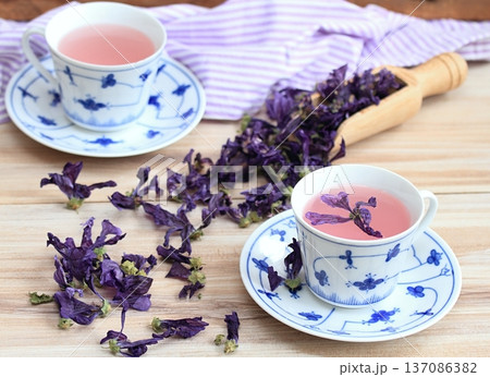 Two cups of herbal tea from dried flowers of Wild mallow, lat.  Malva sylvestris. 137086382