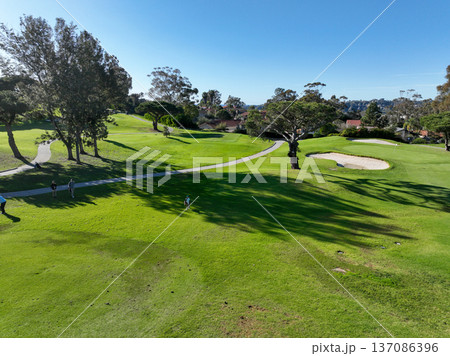 Aerial drone video over a golf course in Solana Beach, San Diego, California 137086396