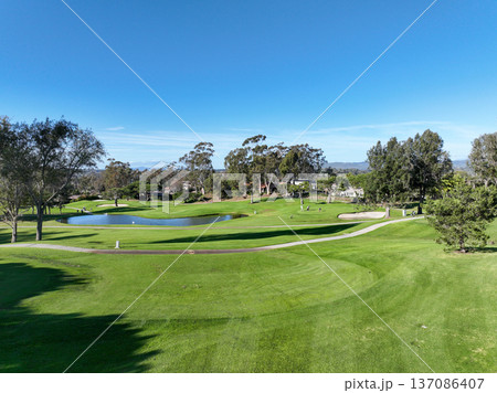 Aerial drone video over a golf course in Solana Beach, San Diego, California 137086407