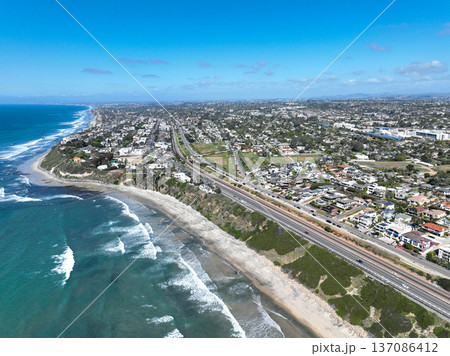 Aerial drone photo of Cardiff, West Coast of California, Encinitas, United States of America Aerial drone photo of Cardiff, West Coast of California, Encinitas, United States of America 137086412