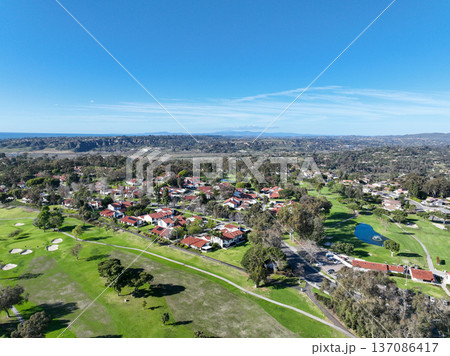 Aerial drone video over a golf course in Solana Beach, San Diego, California 137086417