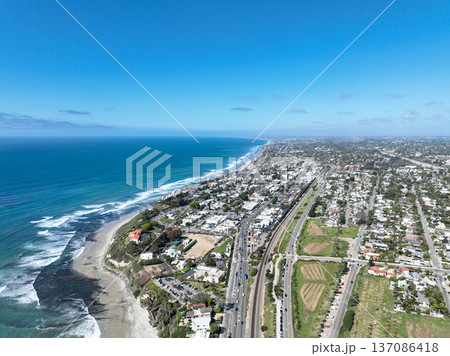 Aerial drone photo of Cardiff, West Coast of California, Encinitas, United States of America Aerial drone photo of Cardiff, West Coast of California, Encinitas, United States of America 137086418