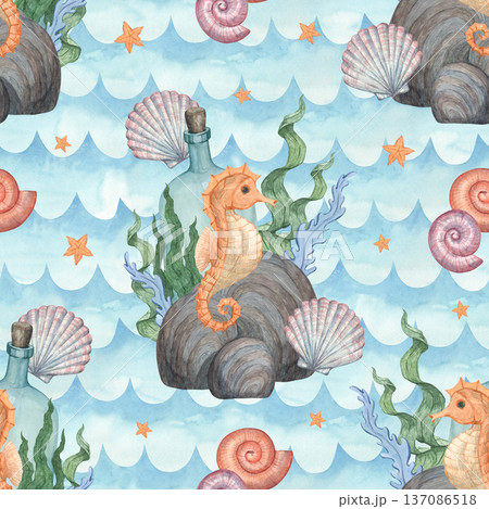 A seamless watercolor pattern featuring a seahorse against a backdrop of ocean waves 137086518