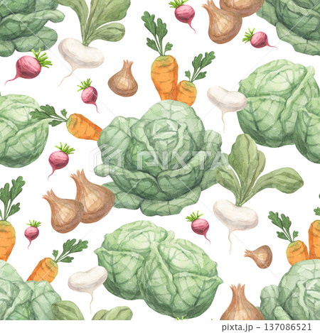 A watercolor pattern with garden vegetables 137086521