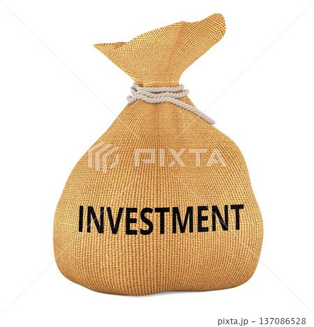 Investment money bag with text on burlap sack, 3d rendering Investment money bag with text on burlap sack, 3d rendering 137086528