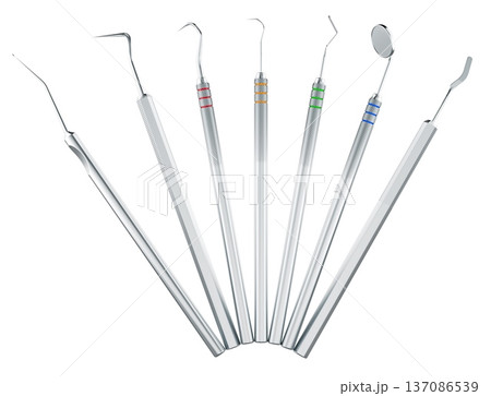Dental instruments set with mirror, probe and scalers, 3d rendering Dental instruments set with mirror, probe and scalers, 3d rendering 137086539