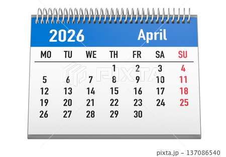 Desk calendar for April 2026, 3d rendering Desk calendar for April 2026, 3d rendering 137086540
