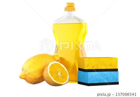 Dishwashing liquid bottle with lemon and kitchen sponge for cleaning and fresh citrus scent, 3d rendering Dishwashing liquid bottle with lemon and kitchen sponge for cleaning and fresh citrus scent, 3d rendering 137086541