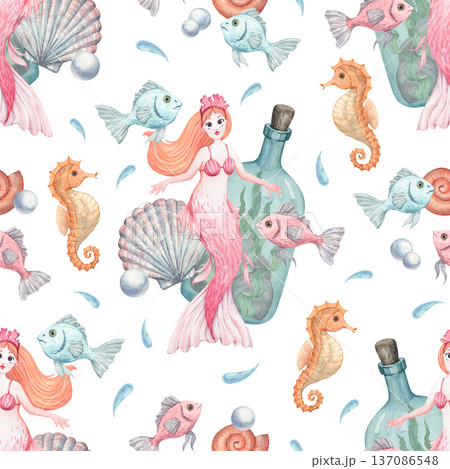 Watercolor pattern featuring a mermaid sea creatures and treasures Watercolor pattern featuring a mermaid sea creatures and treasures 137086548