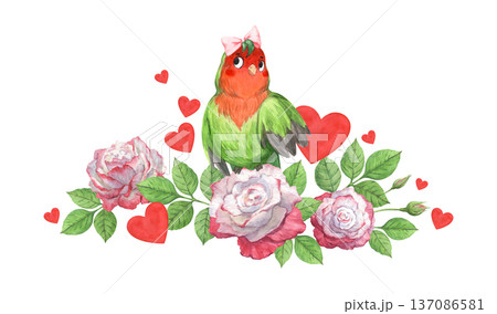 A romantic illustration of a parrot among roses and hearts A romantic illustration of a parrot among roses and hearts 137086581