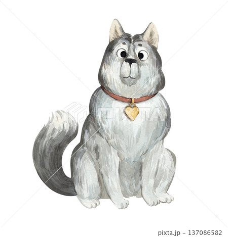 A watercolor illustration of a cute husky wearing a heart-shaped collar A watercolor illustration of a cute husky wearing a heart-shaped collar 137086582