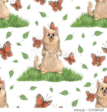 A watercolor pattern featuring a Chihuahua on a lawn among butterflies A watercolor pattern featuring a Chihuahua on a lawn among butterflies 137086587