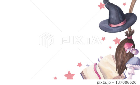 Cute watercolor frame with a magic hat, broom, and book. Cute watercolor frame with a magic hat, broom, and book. 137086620