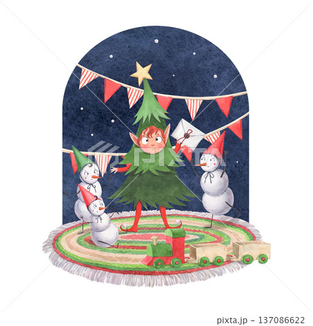 A Christmas elf dressed as a Christmas tree holds a letter for Santa 137086622