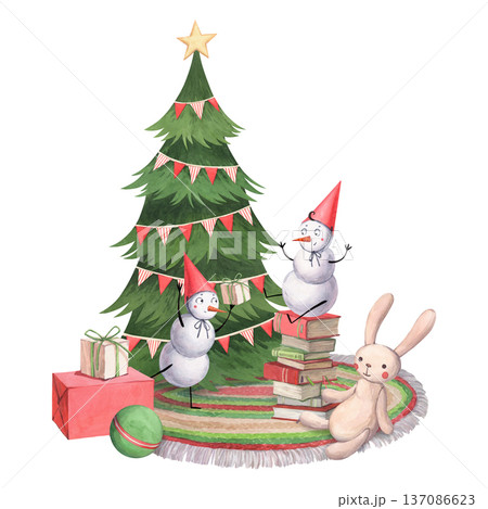 Happy snowmen give each other gifts 137086623