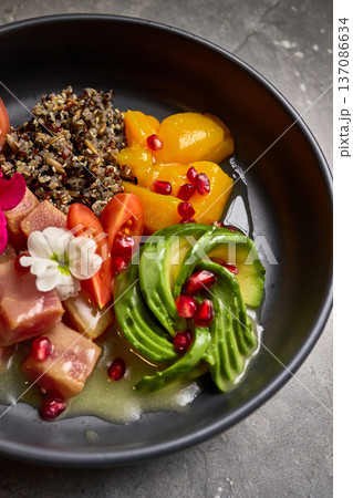 Colorful bowl with quinoa, avocado, tuna, cherry tomatoes, pomegranate seeds, peaches, flower garnish, superfood mix, vibrant presentation, healthy eating concept Colorful bowl with quinoa, avocado, tuna, cherry tomatoes, pomegranate seeds, peaches, flower garnish, superfood mix, vibrant presentation, healthy eating concept 137086634