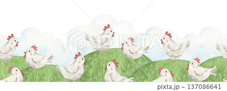 A watercolor seamless border with cute chickens on a lawn 137086641