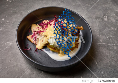 Gourmet cuisine with intricate presentation, elegant dish with vibrant toppings, modern culinary art, fine dining experience, gastronomy concept Gourmet cuisine with intricate presentation, elegant dish with vibrant toppings, modern culinary art, fine dining experience, gastronomy concept 137086646
