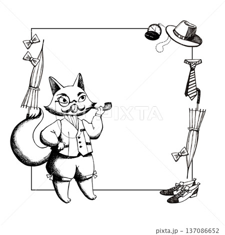 A frame with a cat in a vest and trousers with bows A frame with a cat in a vest and trousers with bows 137086652