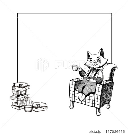 A cute cat wearing suspenders sits in a soft chair and drinks tea A cute cat wearing suspenders sits in a soft chair and drinks tea 137086656