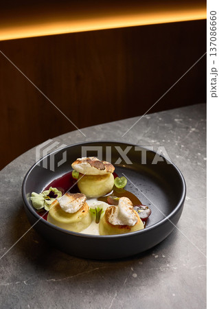 Gourmet Plate with Cheesecake Cream, Caramel Swirls, Fresh Berries on Elegant Marble Table, Dessert Aesthetic, culinary presentation concept Gourmet Plate with Cheesecake Cream, Caramel Swirls, Fresh Berries on Elegant Marble Table, Dessert Aesthetic, culinary presentation concept 137086660