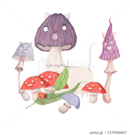 Watercolor illustration of a stylized cat shaped like a forest mushroom Watercolor illustration of a stylized cat shaped like a forest mushroom 137086667