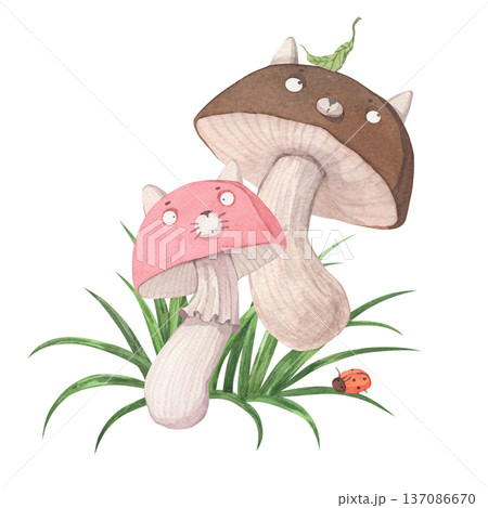 A composition of two mushrooms with a cat face 137086670