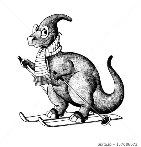 A cheerful dinosaur wearing a knitted scarf and skiing 137086672