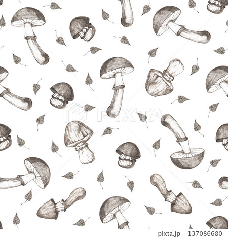A seamless pattern with forest mushrooms and leaves on a white background 137086680