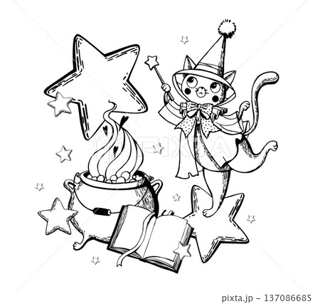 Vector illustrations with a magic cauldron, magic, book, and stars Vector illustrations with a magic cauldron, magic, book, and stars 137086685
